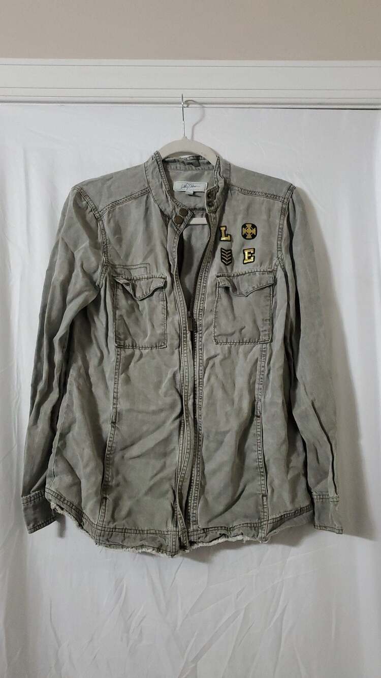Libby Edelman Women's Olive Green Military Utility Jacket, LOVE Patches, Size M
